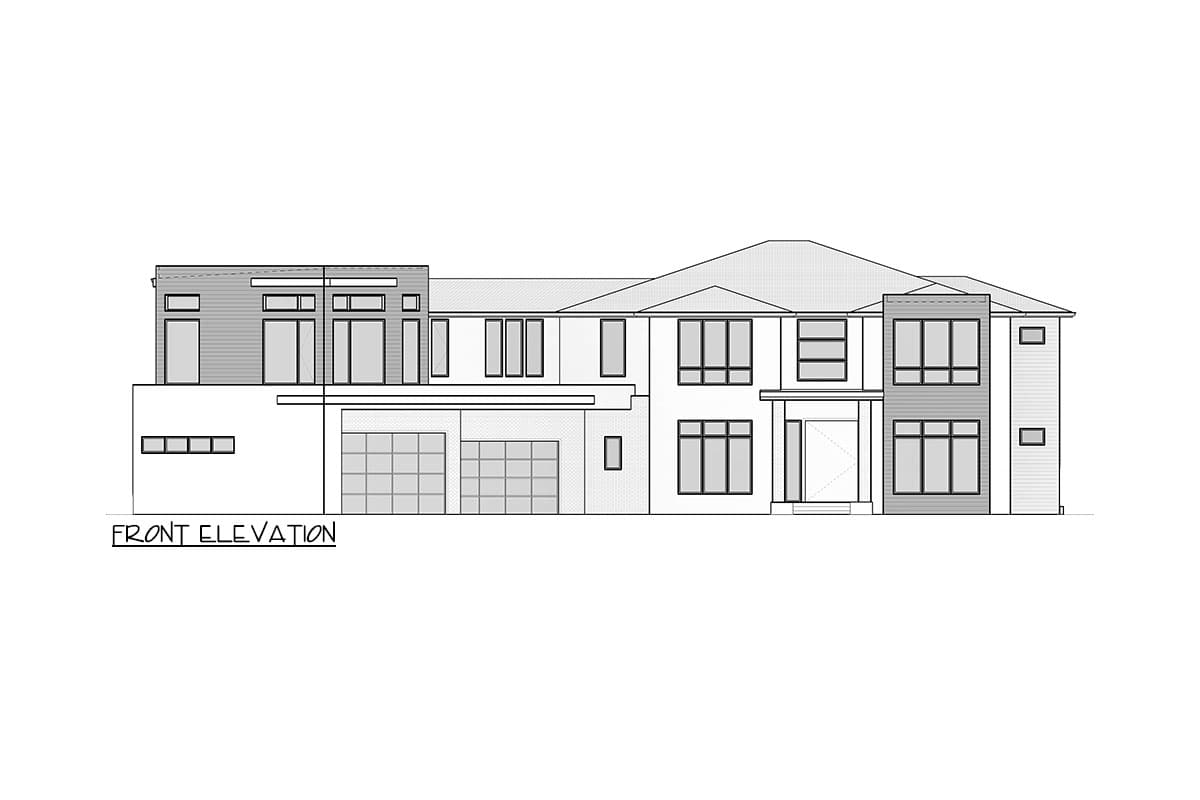 Front elevation drawing of a modern house plan with multiple gables, large windows, and a three-car garage.