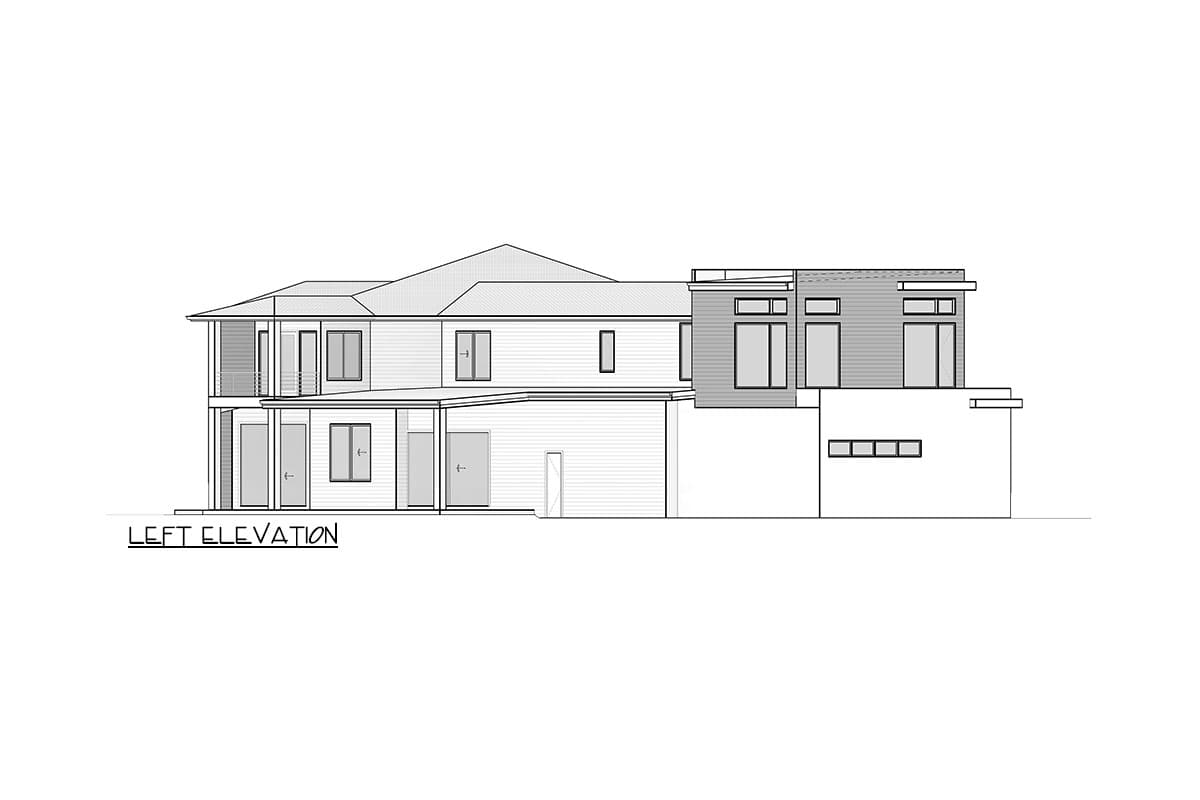 Left elevation drawing of a multi-story house plan featuring gables, balconies, and horizontal siding.