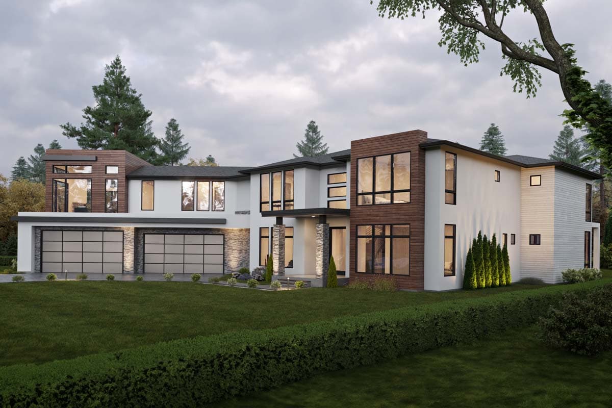 Modern two-story house plan exterior with multiple gables, large windows, wood and stone accents, and a three-car garage.
