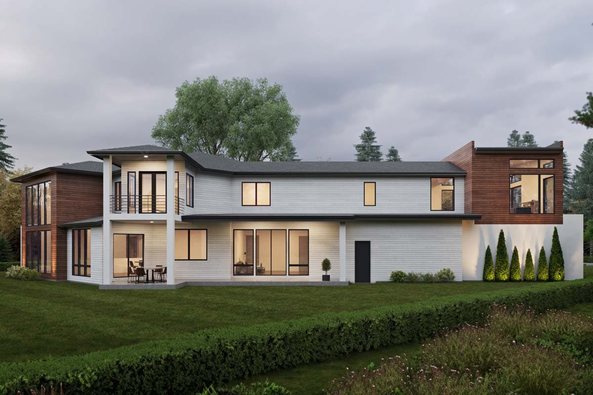 Modern house plan exterior with two stories, cantilevered sections, balcony, and wood and horizontal siding.