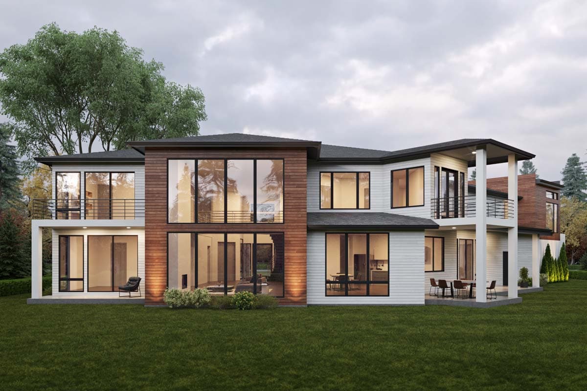 Modern house plan exterior with wood siding, multiple balconies, and extensive glass window walls.