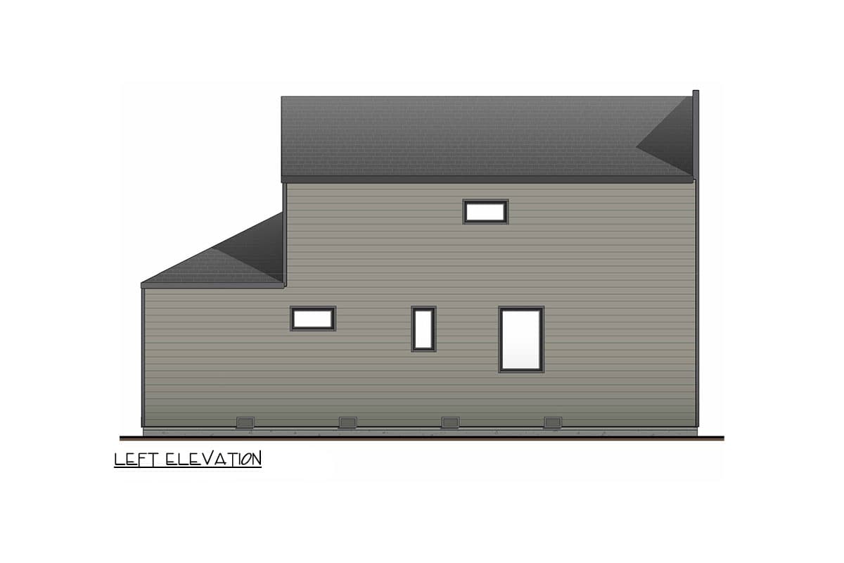Left elevation house plan with siding, multiple windows of varying sizes, and a hipped roofline.