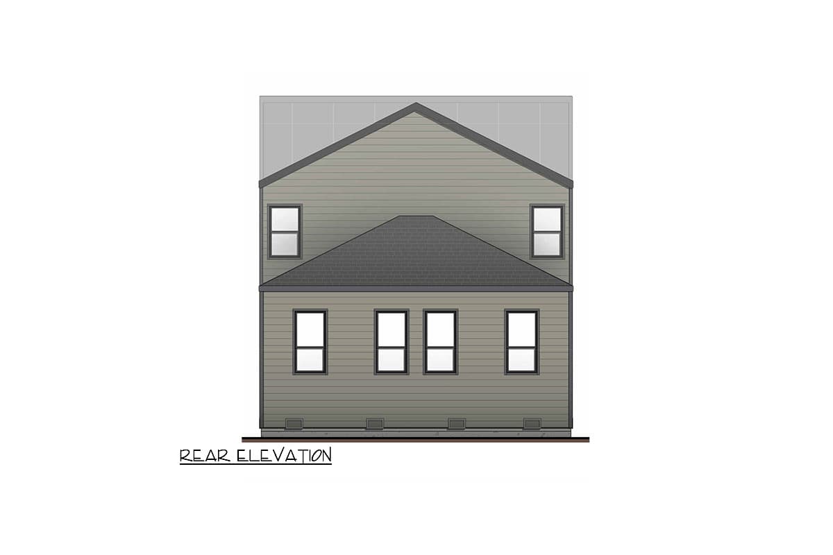 Rear elevation drawing of a two-story house with siding, a pitched roof, and several rectangular windows.