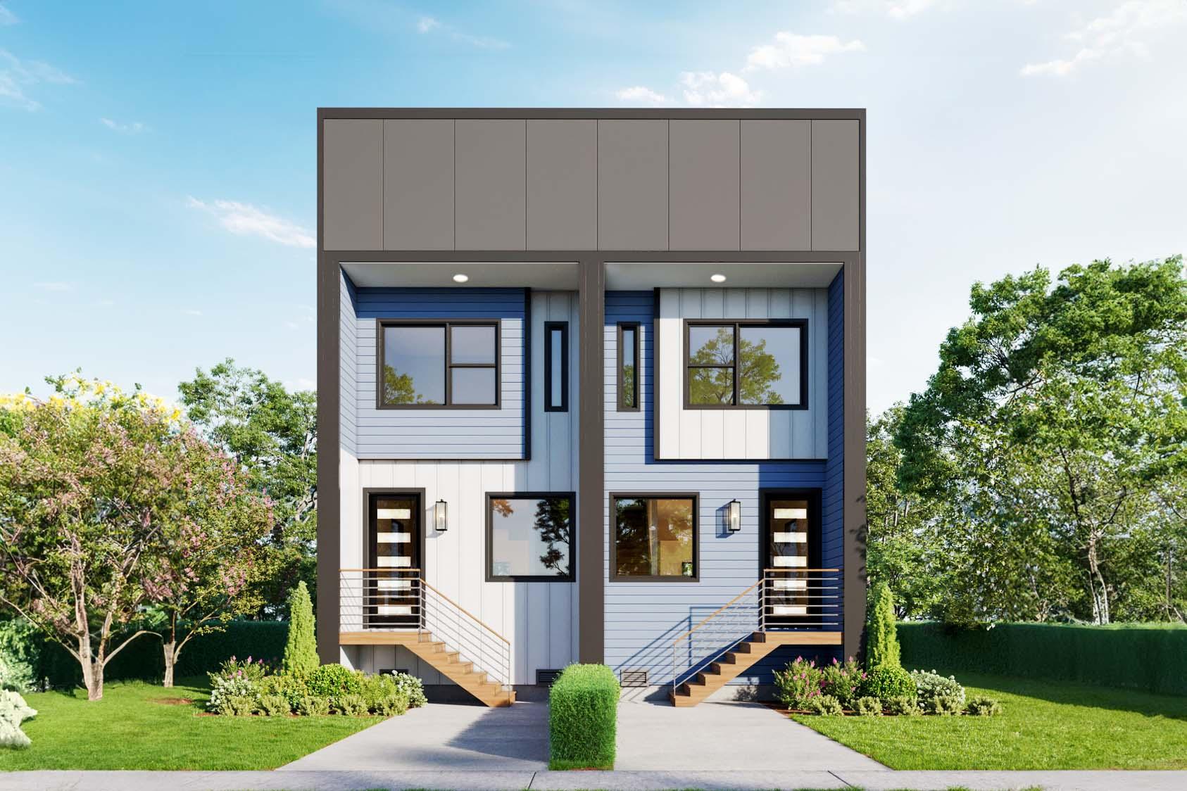 House plan exterior. Modern two-story townhome design with horizontal siding, metal roof cap, and entry porches with steel railings.