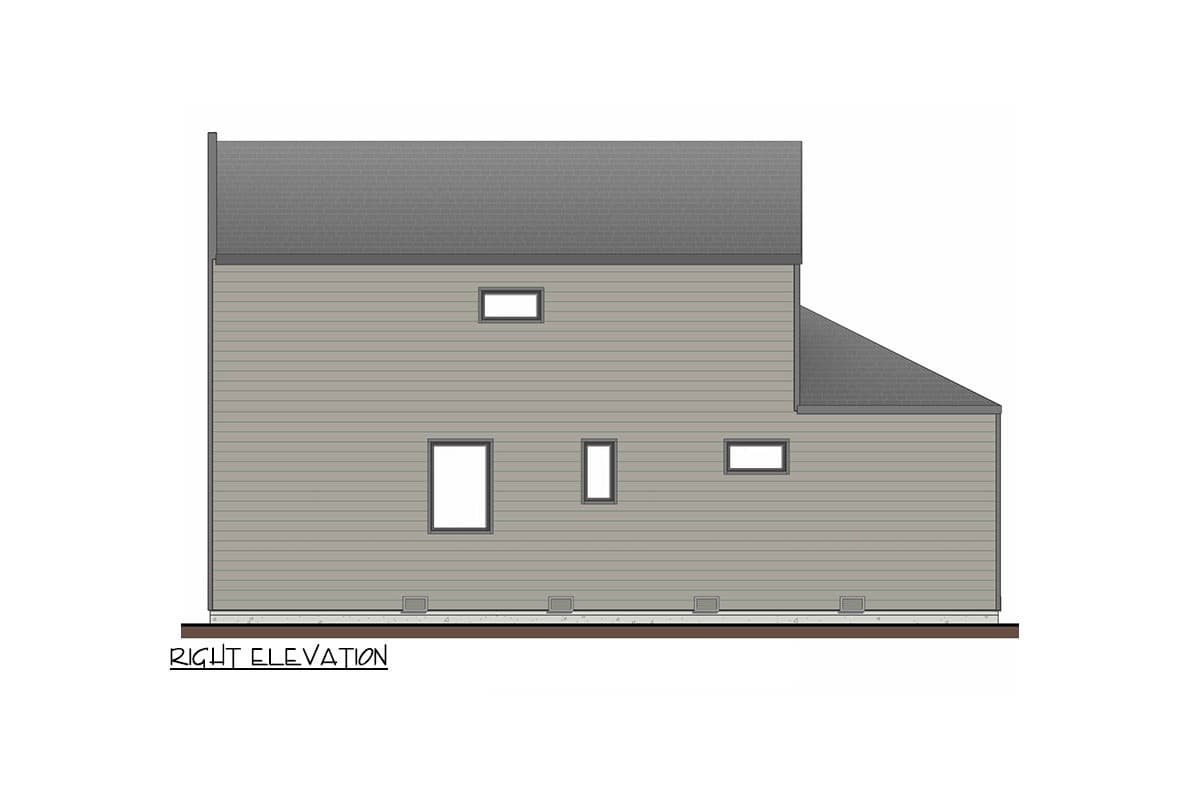 Right elevation house plan showing two stories, horizontal siding, and multiple windows on each level.
