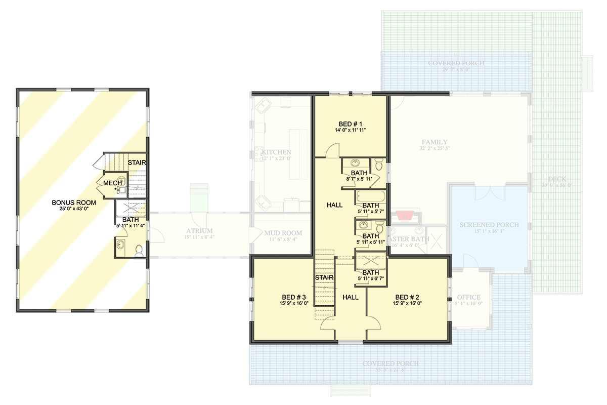 Plan 61490UT: 5 Bedroom Country Farmhouse Plan with Optionally Finished Bonus Over Garage - 3723 Sq Ft - Floor Plan - 2nd Floor - Country, Farmhouse, Modern Farmhouse