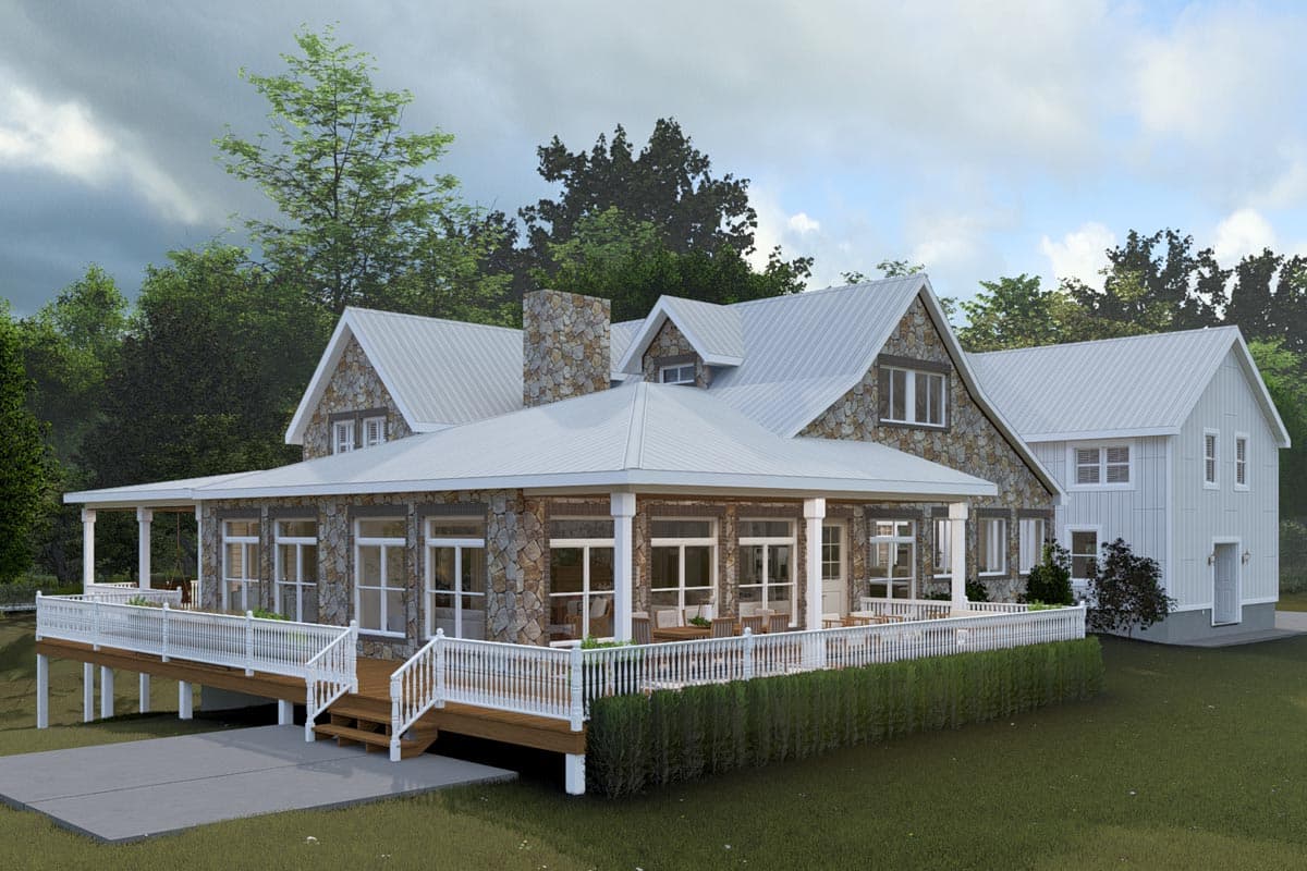 House plan exterior: Two-story Modern Farmhouse with stone accents, wraparound porch, metal roof, and gabled dormers.