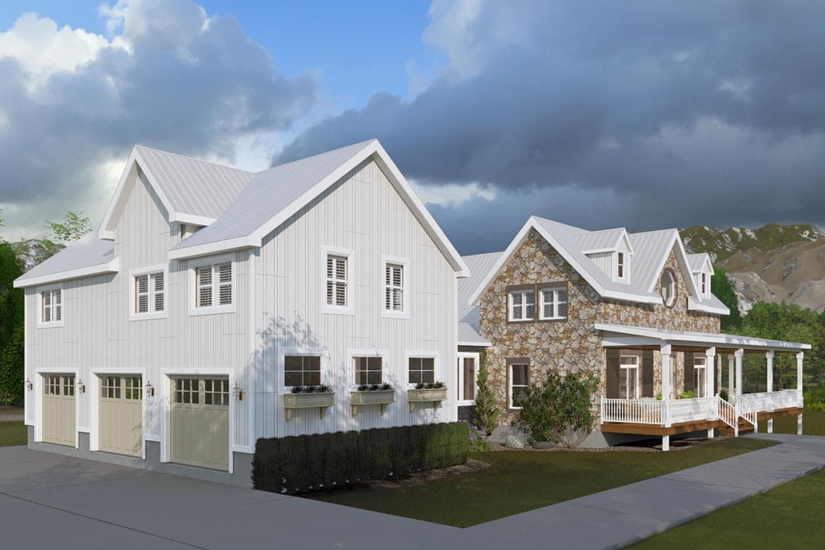 Modern Farmhouse house plan exterior with stone and board-and-batten siding, metal roof, and wrap-around porch.