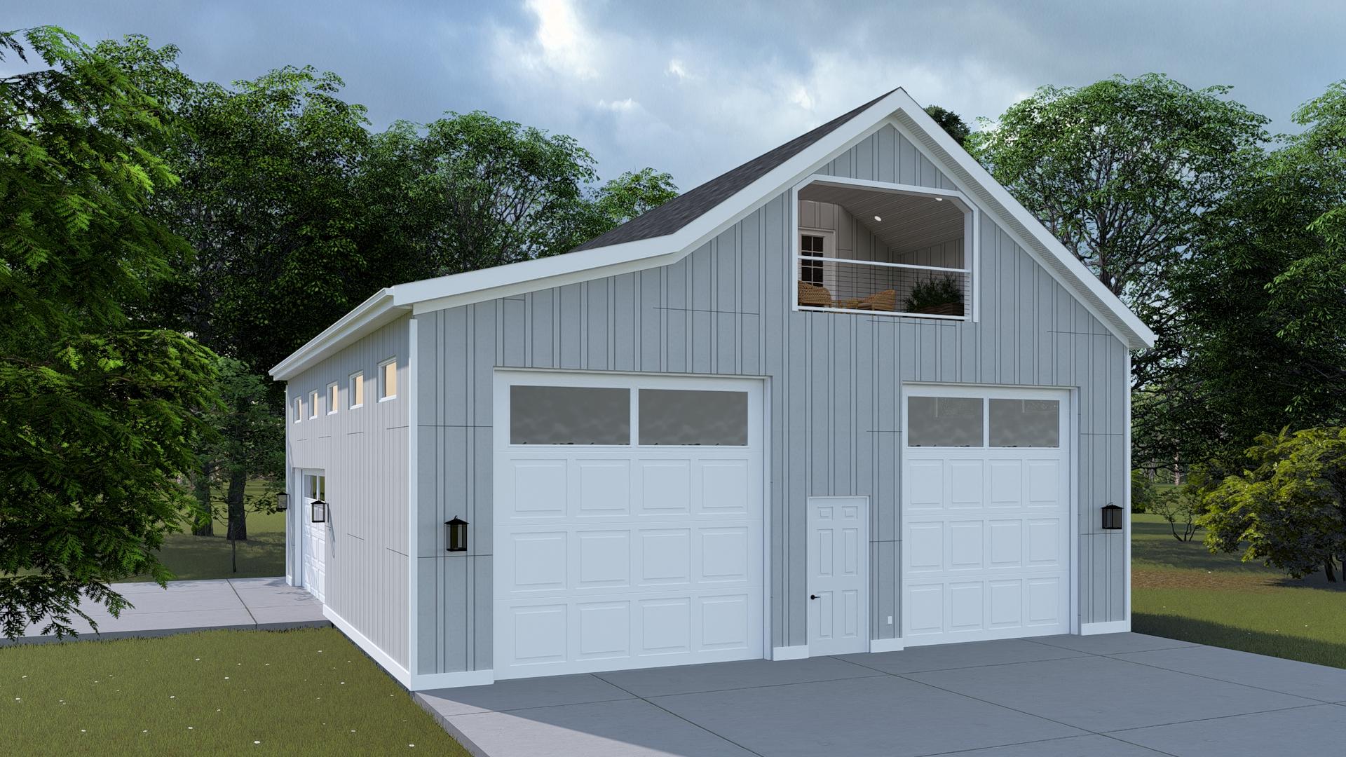 Modern farmhouse style house plan exterior with two garage doors, dormer balcony, and vertical siding.