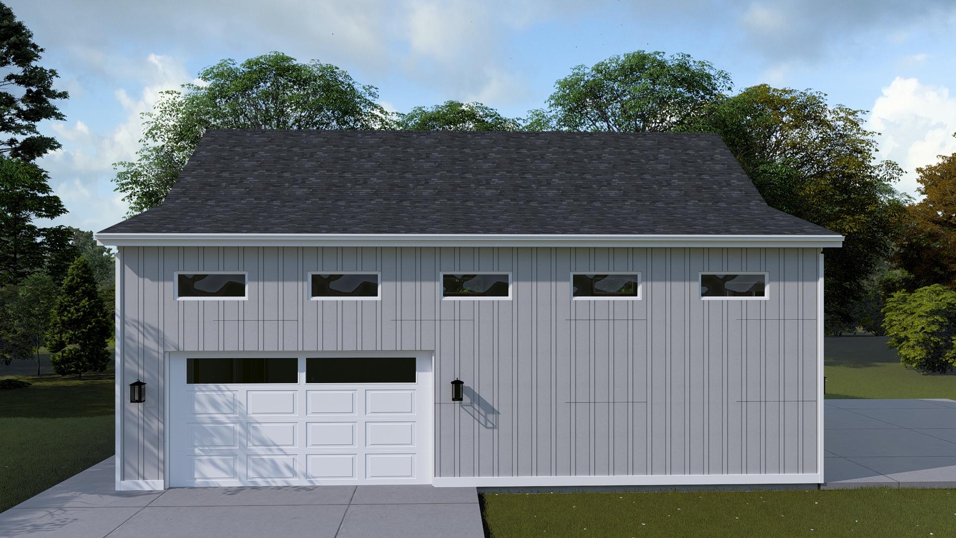 Exterior house plan: Modern style, vertical siding, single garage door, and horizontal band windows.