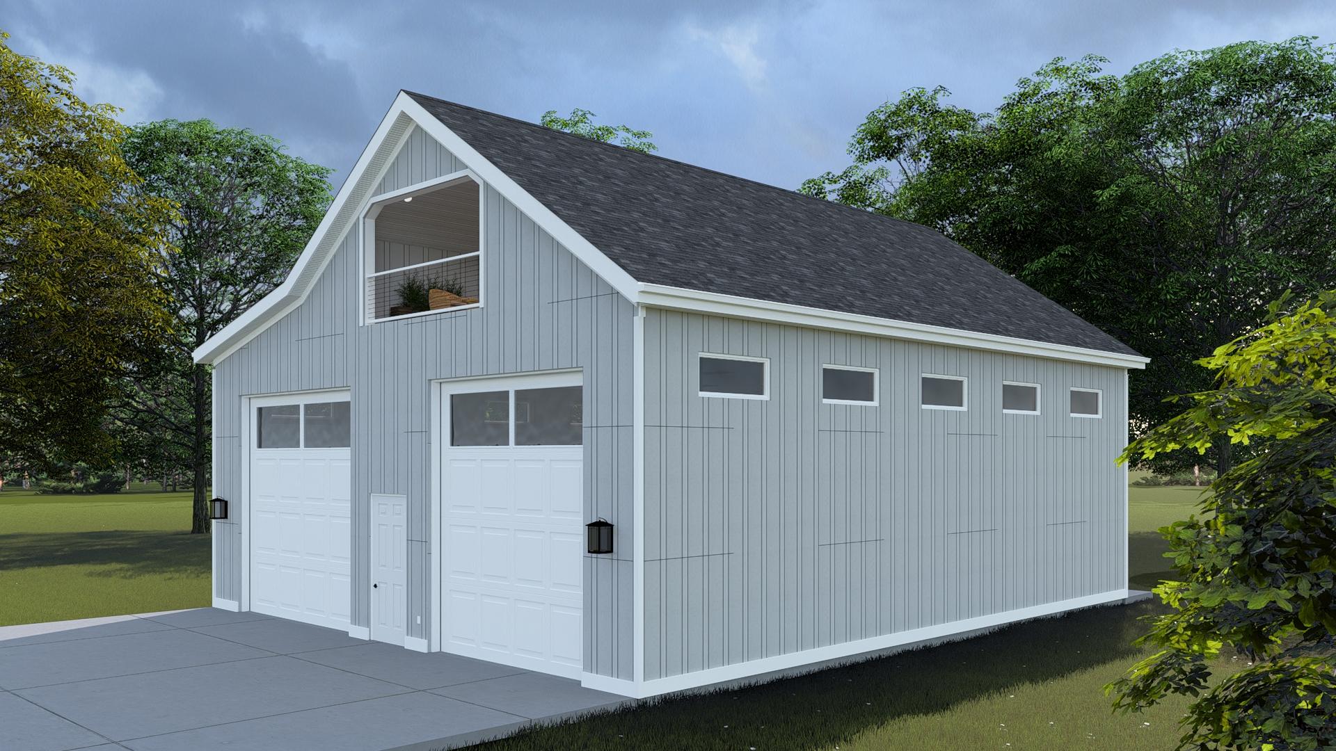 House plan exterior: Modern barn-style garage with two bays, gable dormer, and linear windows.