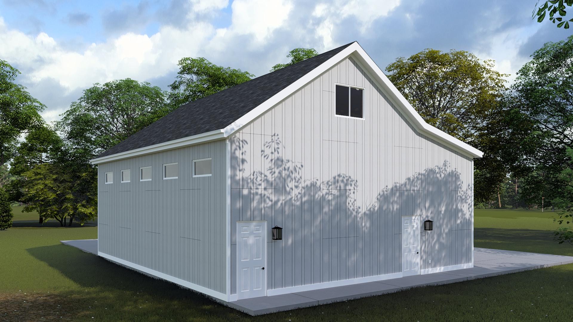 Modern barn house plan exterior with two doors and a gable roof. Features include vertical siding, multiple windows, and a dormer window.