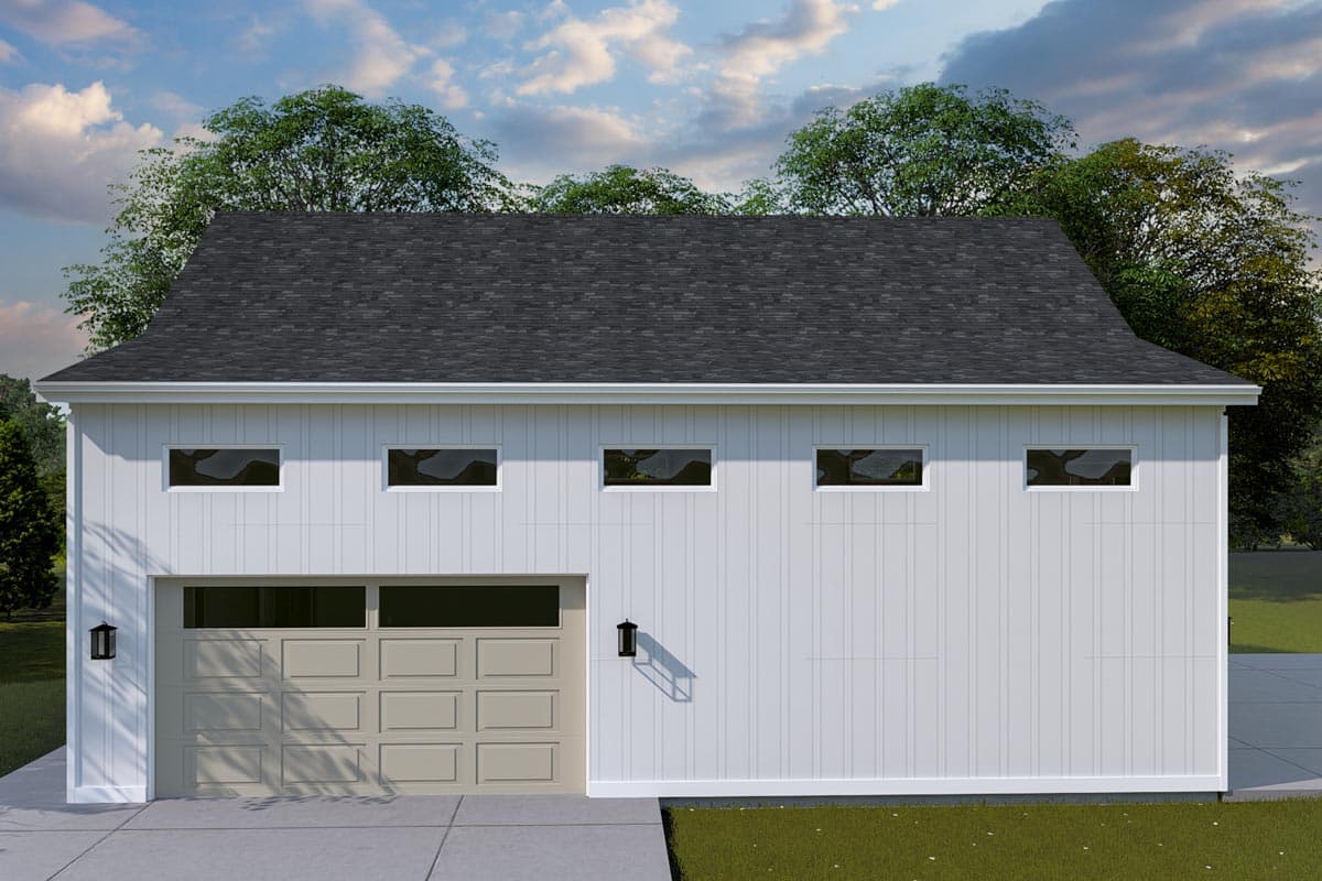 House plan exterior with a single garage door, five horizontal windows, and vertical siding. A gable roof covers the structure.