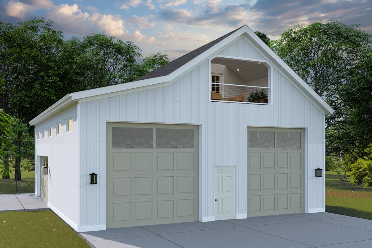 House plan exterior. Two-story Modern Farmhouse style with a gable roof, two garage doors, and a small balcony.