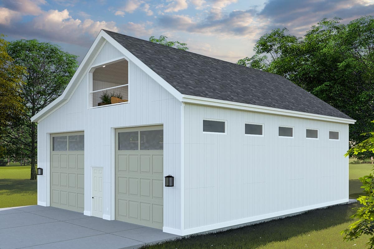 Modern Farmhouse house plan exterior with two garage doors, a second-story balcony, and horizontal siding.