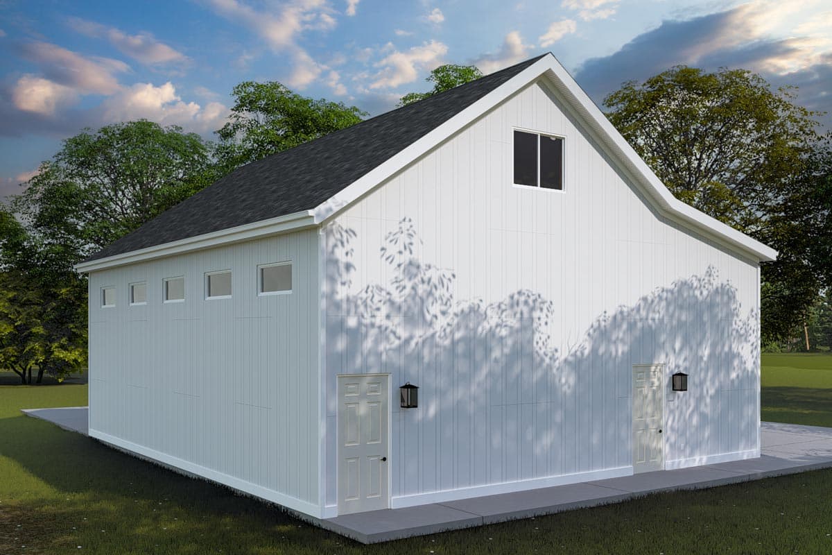 House plan exterior, two stories, gable roof, white vertical siding, one dormer window, and two doors.