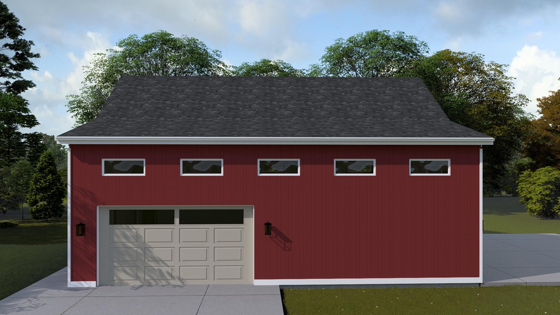 House plan exterior featuring a single garage door, five horizontal windows, and a dark shingle roof.