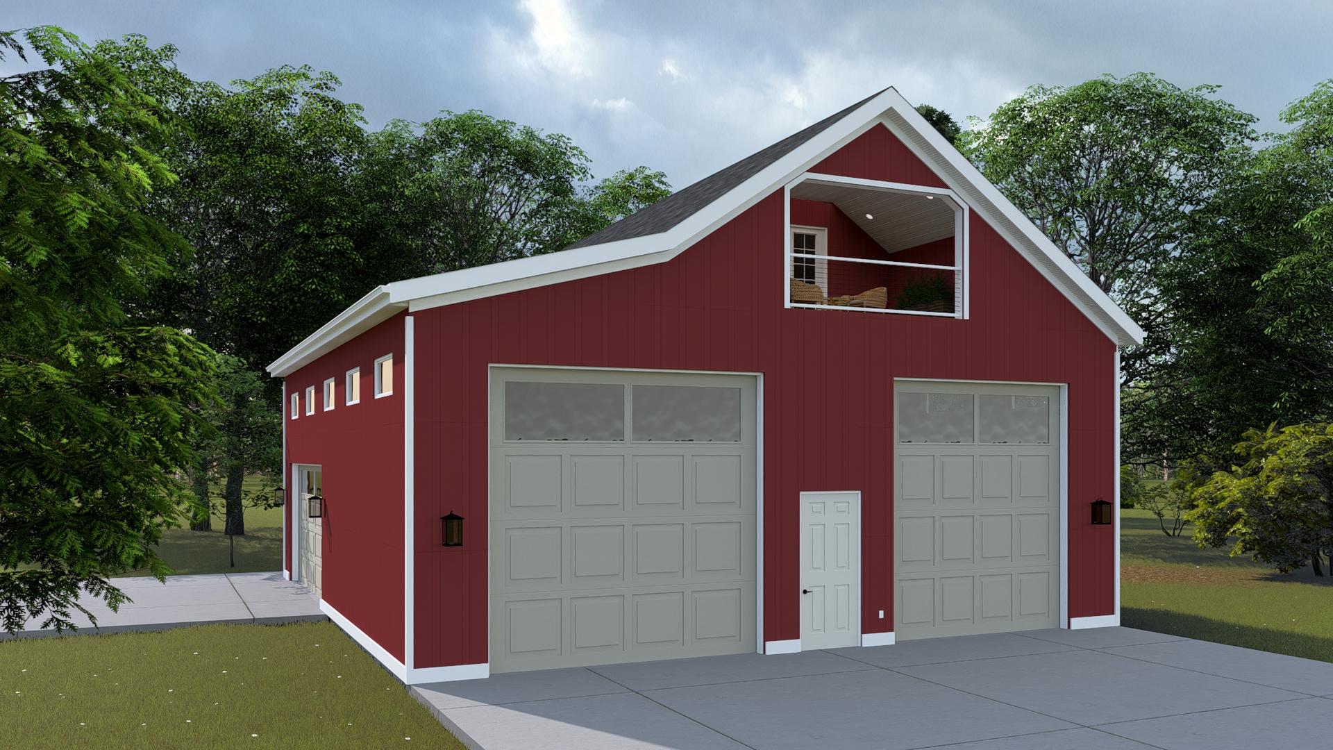 House plan exterior: Two-story barn style with two garage doors, a small upper balcony with railing, and multiple windows.