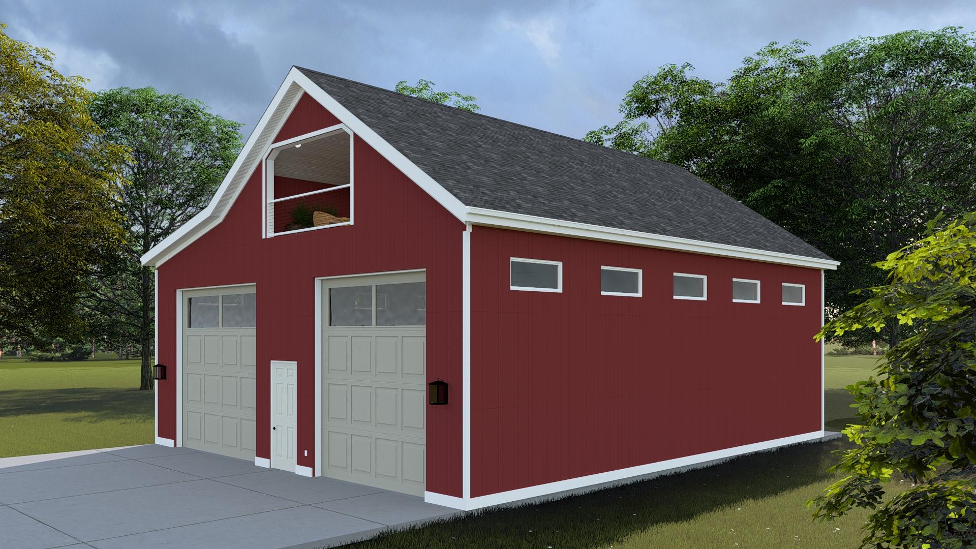House plan exterior view of a two-story barn-style garage with two overhead doors, a dormer, and multiple horizontal windows.