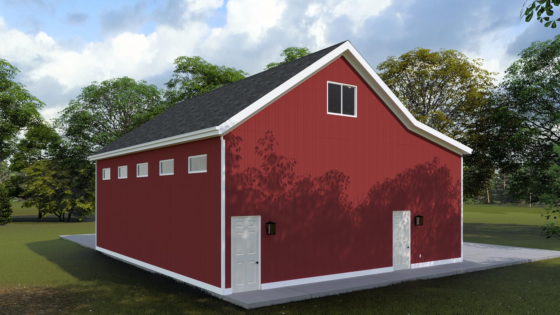 Two-story barn-style house plan exterior with gambrel roof, multiple windows, and two entry doors.