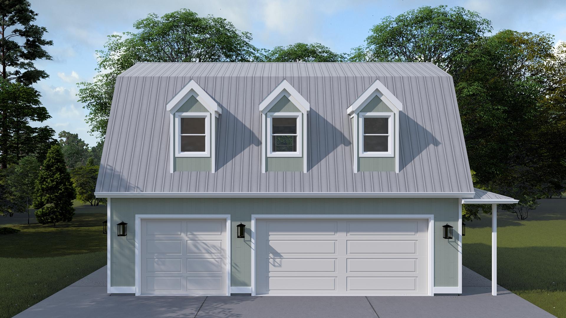 House plan exterior with gambrel roof, three dormer windows, and two garage doors.