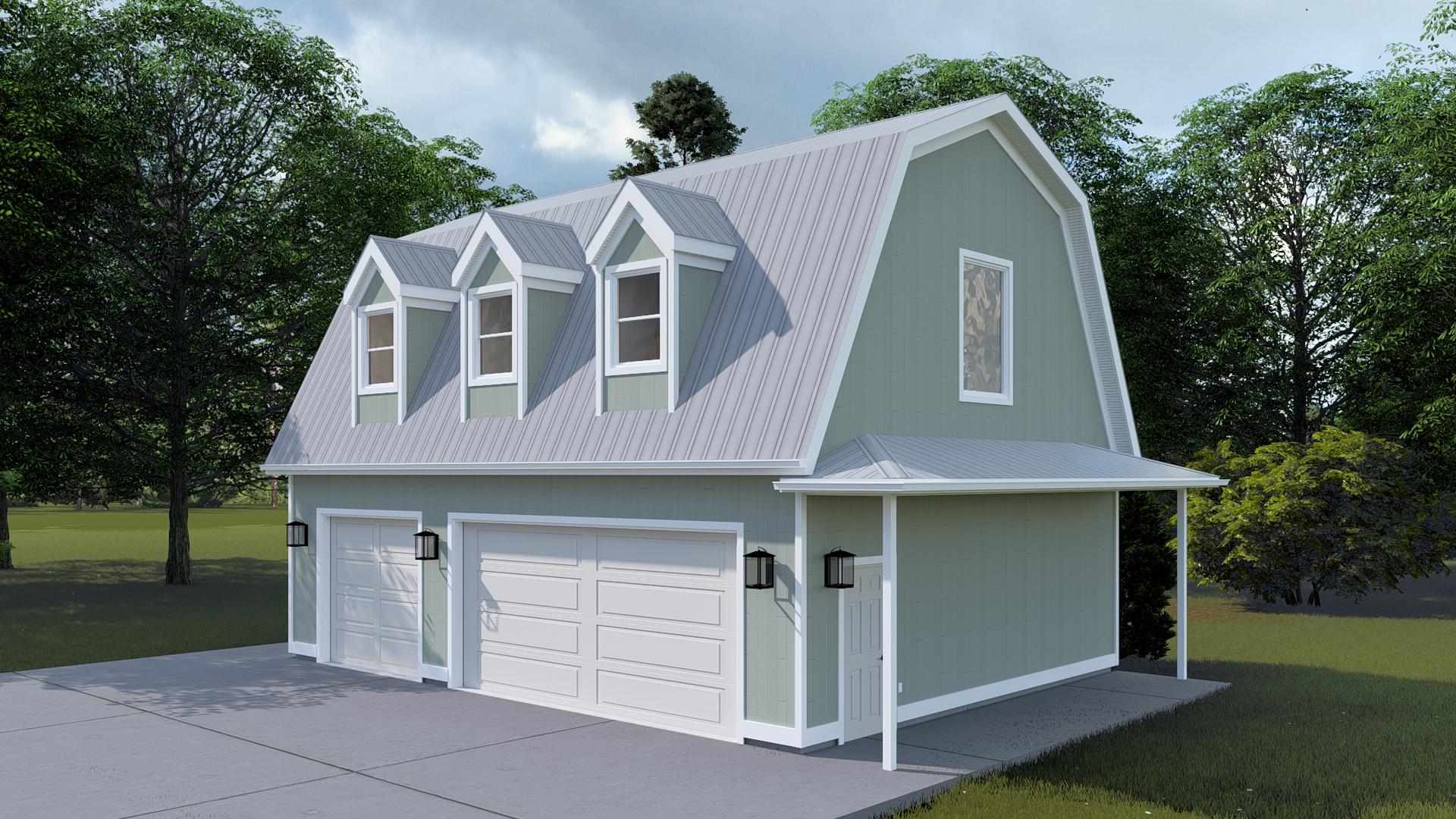 House plan exterior: Gambrel roof barn with two garage doors, three dormers, and a covered entryway.