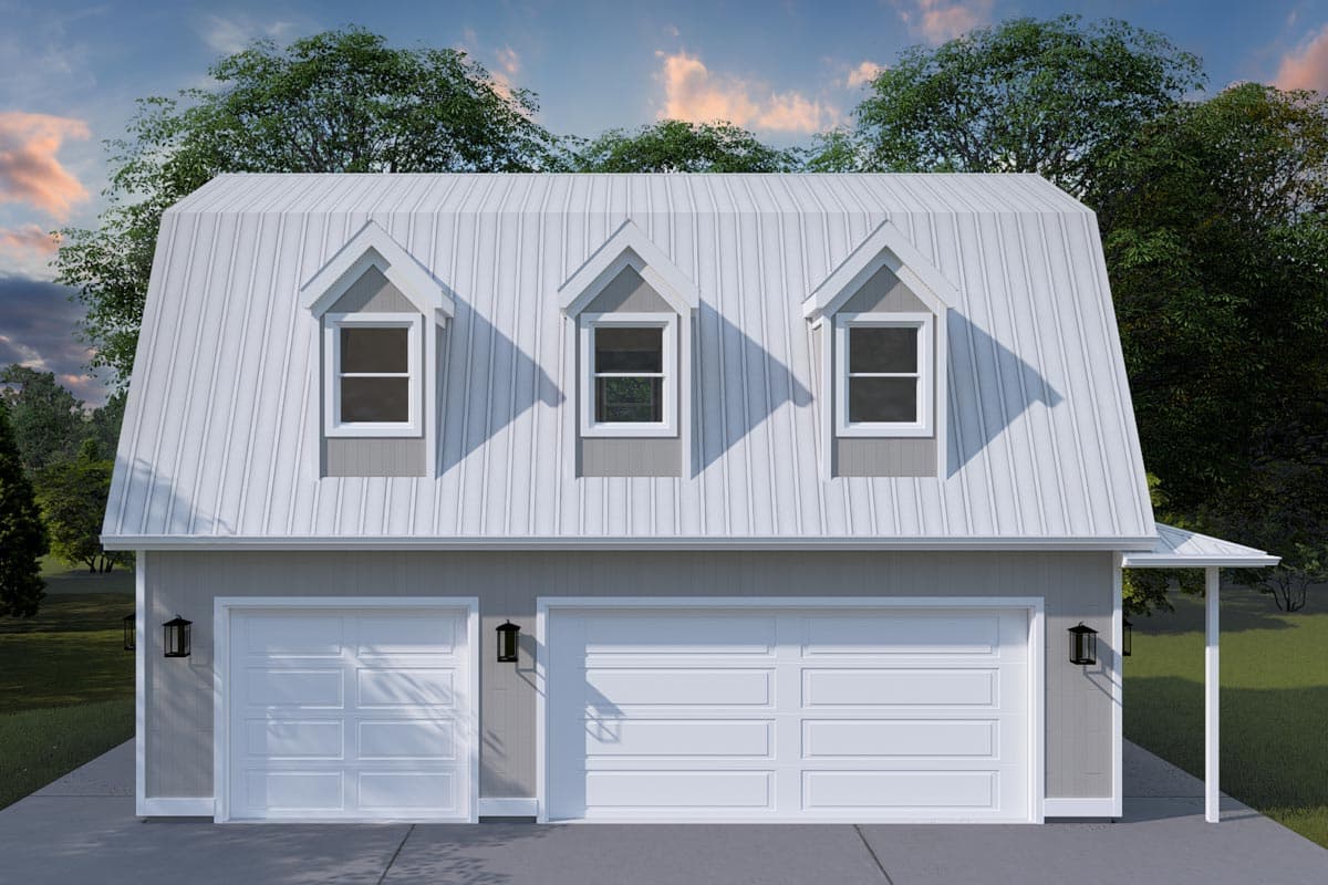 House plan exterior with two-car garage. Features include a metal roof, three dormers, and shed-style porch.