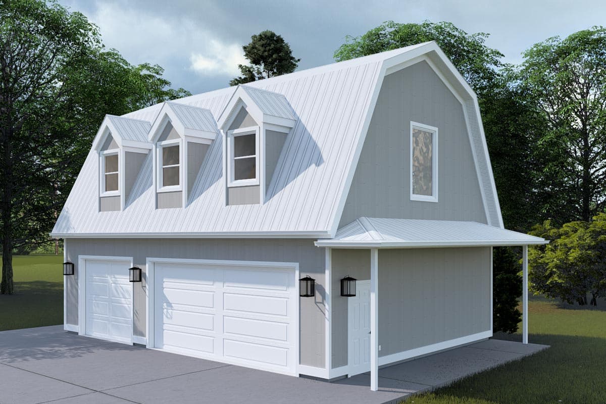 House plan exterior with gambrel roof, three dormer windows, a covered entry, and a three-car garage.