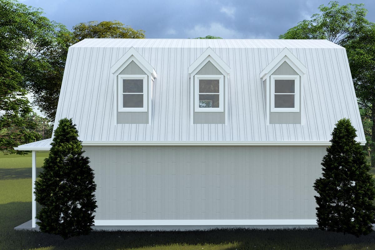 House plan exterior with gambrel roof, three dormer windows, and vertical siding.