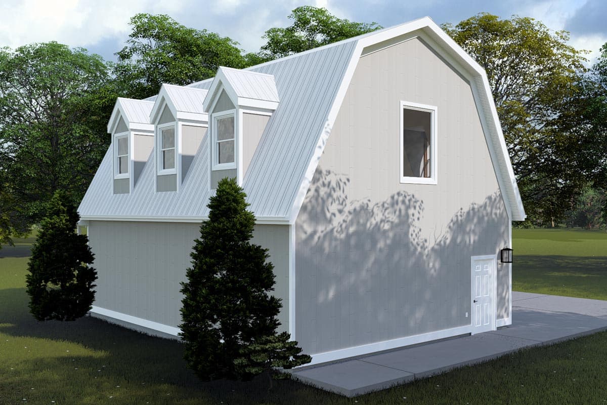 Gambrel style house plan exterior with three dormer windows and a side entrance door.