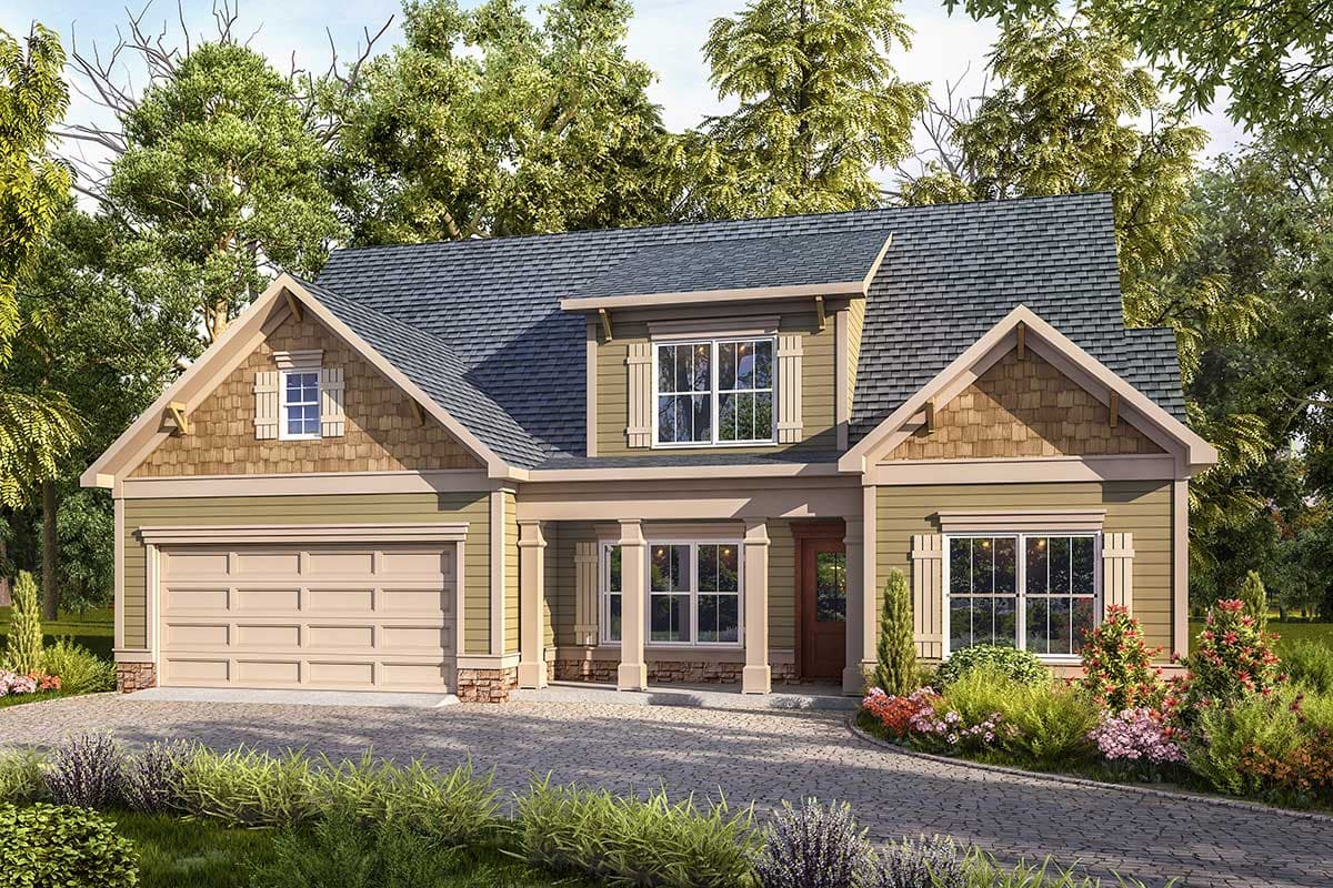 House plan exterior: Craftsman style, one-story with attached garage, prominent gables, dormer, and covered entry.