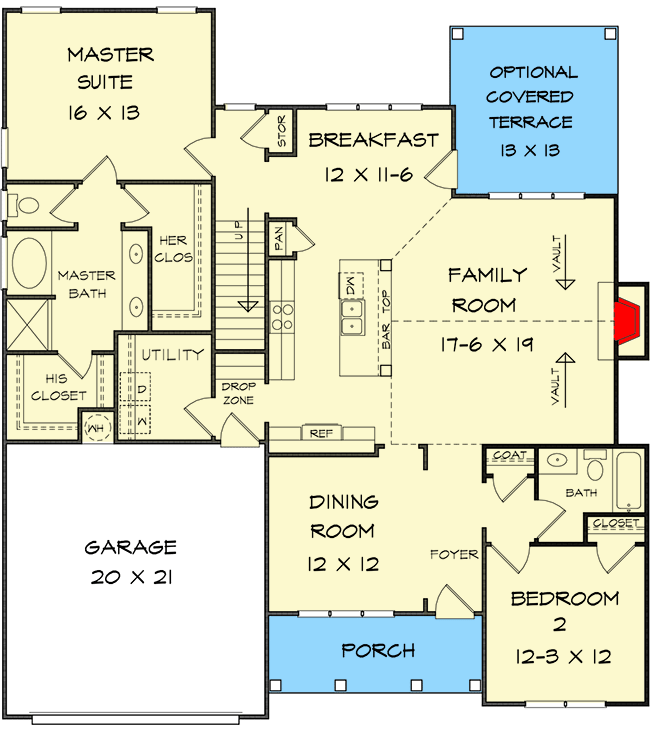 Plan 36038DK: Traditional House Plan with Vaulted Family Room - 2291 Sq Ft - Floor Plan - Main Level - Country, Craftsman, New American, Traditional