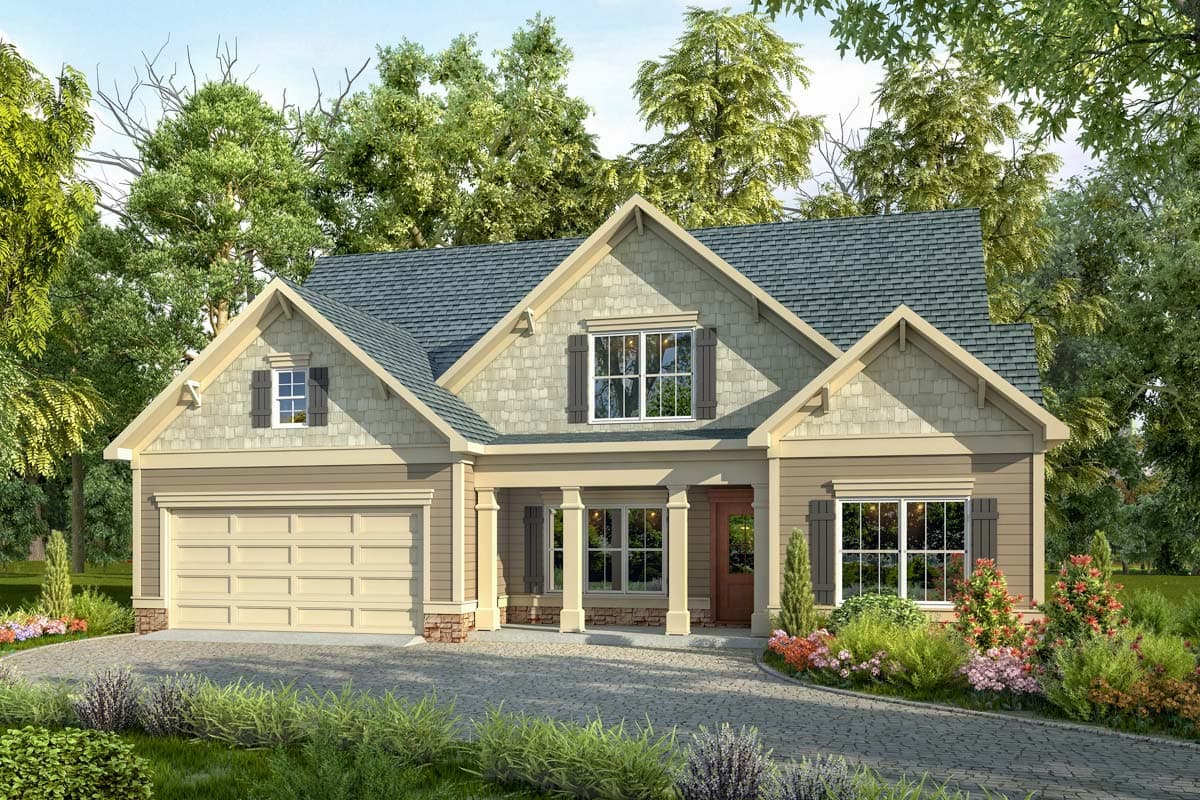 House plan exterior: two-story home with gabled dormers, stacked stone accents, and a covered front porch supported by columns.