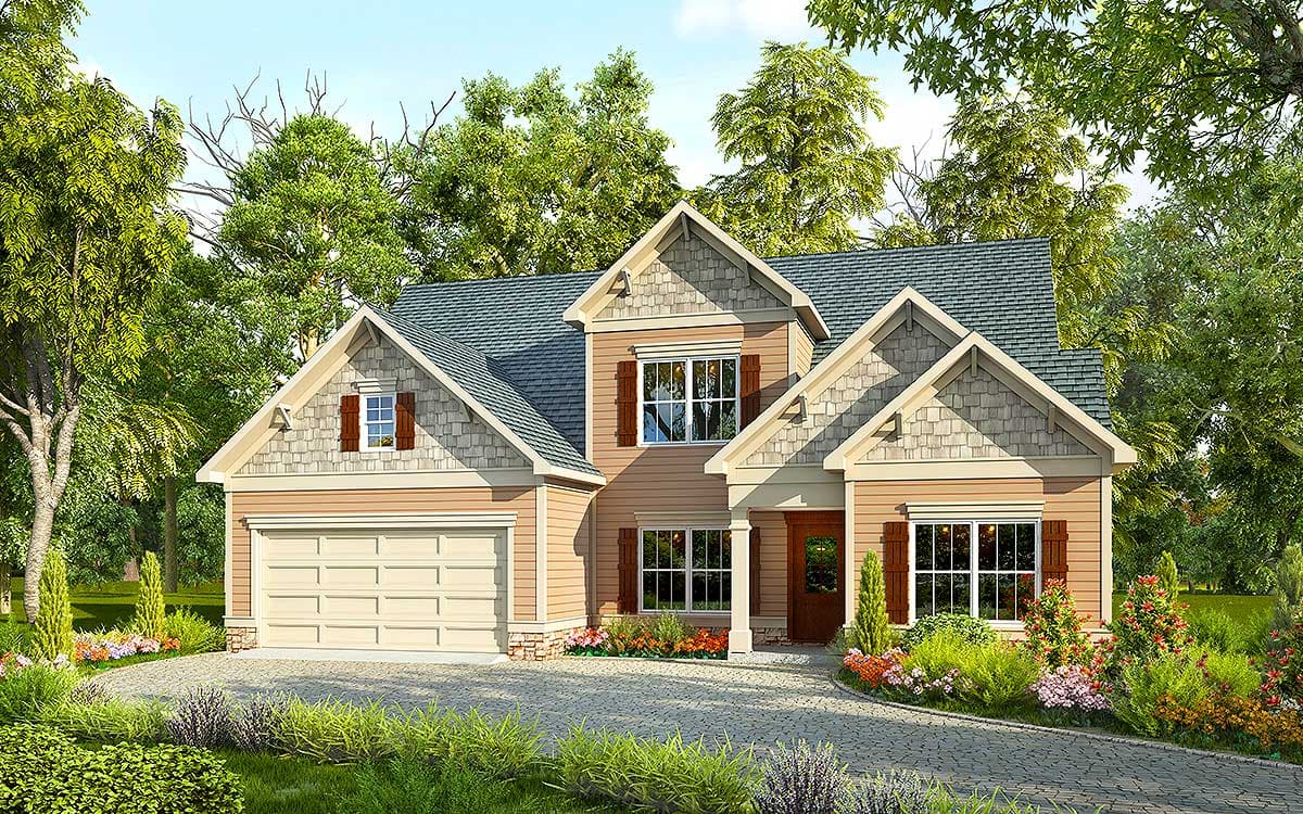 House plan exterior: Two-story home with gabled dormers, cedar shake siding, stone accents, and a two-car garage.