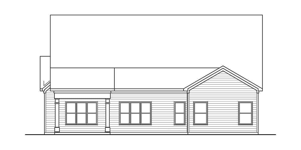House plan exterior drawing showing a one-story home with a front porch, gabled roof, and multiple windows.