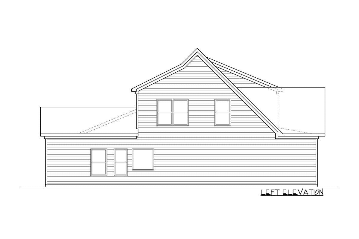 Left elevation drawing of house plan showing a prominent gable roofline and multiple windows on two levels.