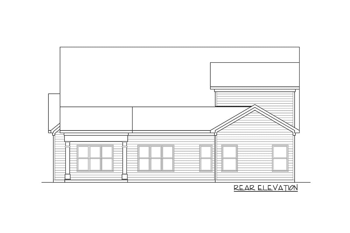 Rear elevation drawing of a house plan featuring a covered porch with columns and several windows.