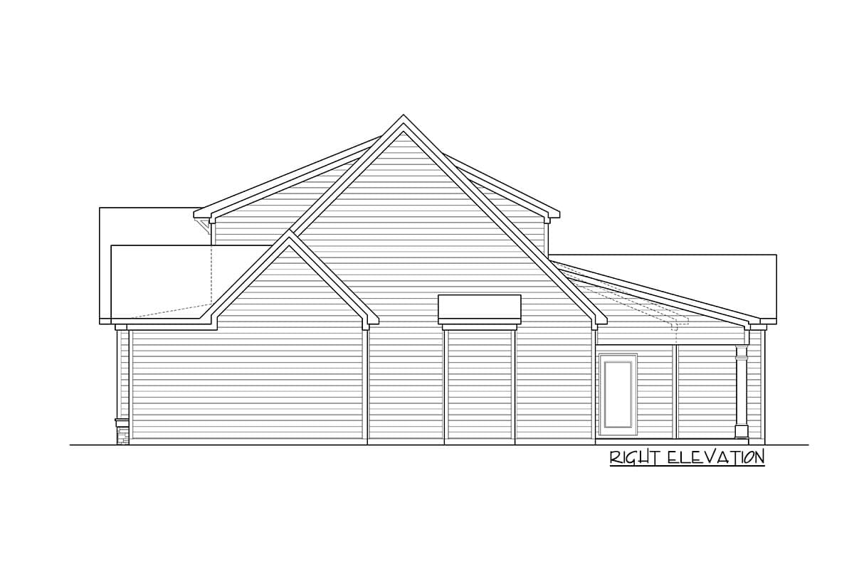 House plan right elevation showing multiple gables, a prominent roofline, and a covered porch with a door.