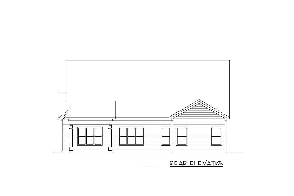 Rear elevation drawing of a house with a gabled roof, multiple windows, and a covered porch.
