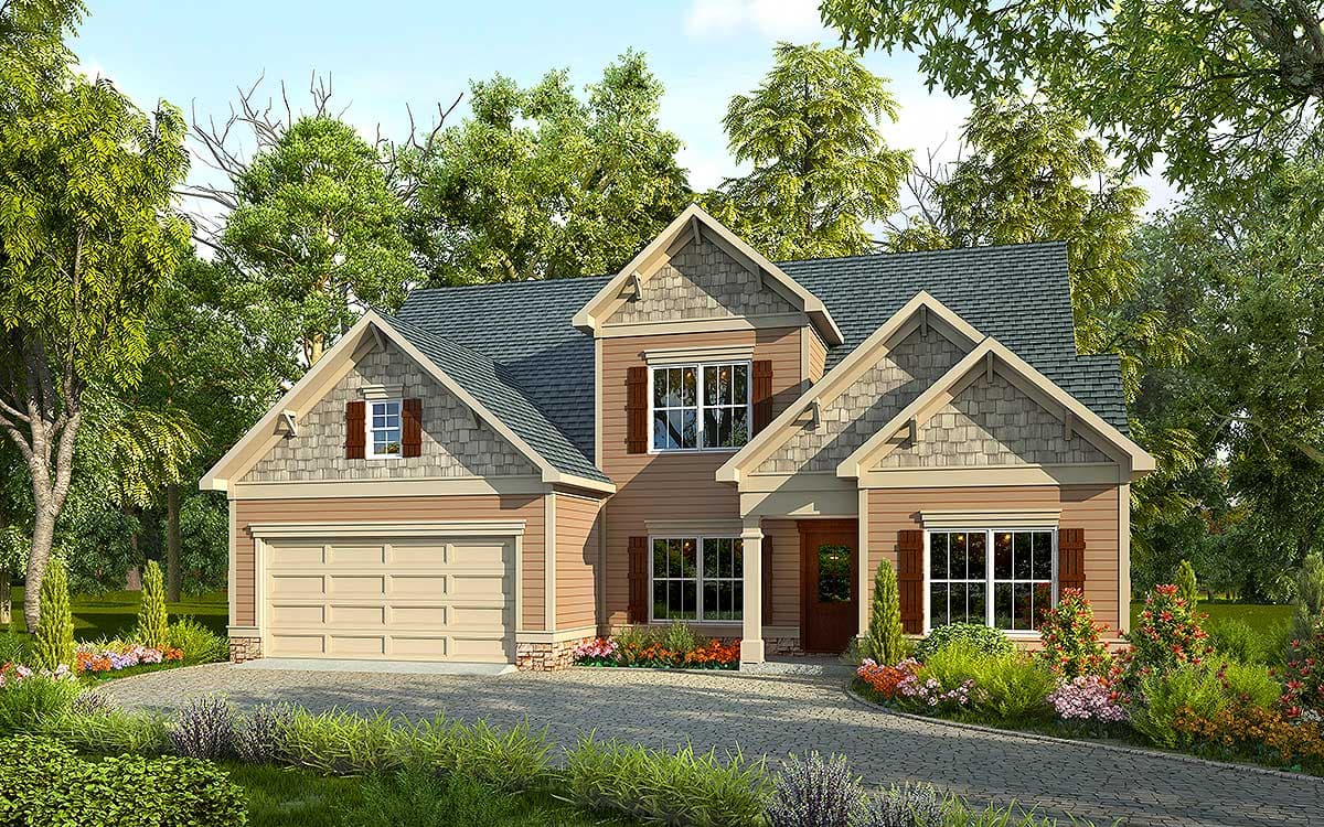 House plan exterior: Two-story home with a two-car garage, multiple gables, wood siding, stone accents, and a covered entry porch.
