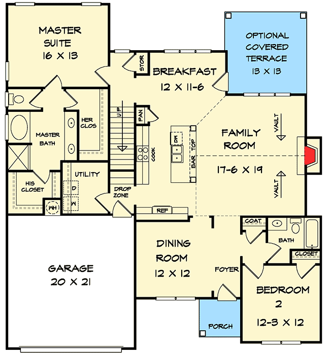 Plan 36042DK: Traditional House Plan with Vaulted Family Room - 2066 Sq Ft - Floor Plan - Main Level - New American, Traditional
