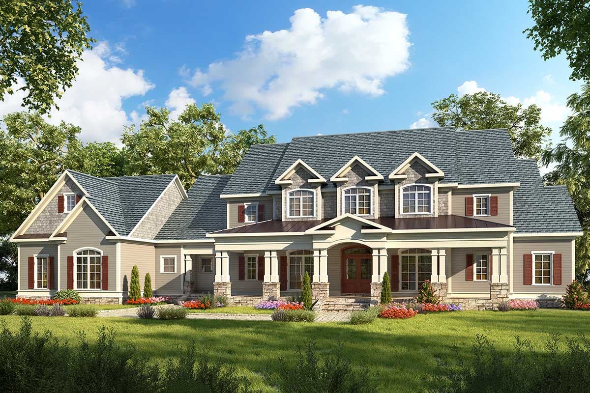 House plan exterior: Two-story dwelling with a wraparound porch, multiple gables, stone accents, and arched dormer windows.
