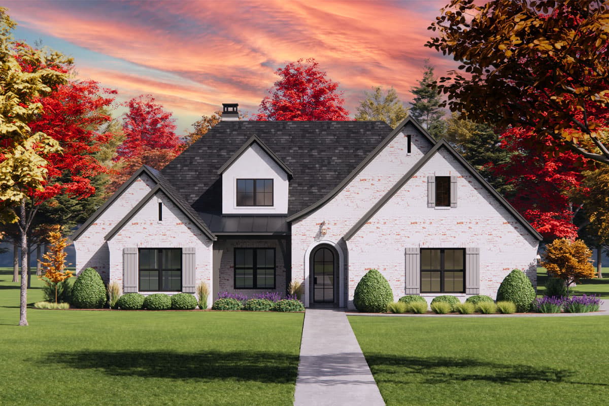 House plan exterior. Two-story Modern Farmhouse with gable roof, dormers, and brick facade. Features include arched entryway and shutters.