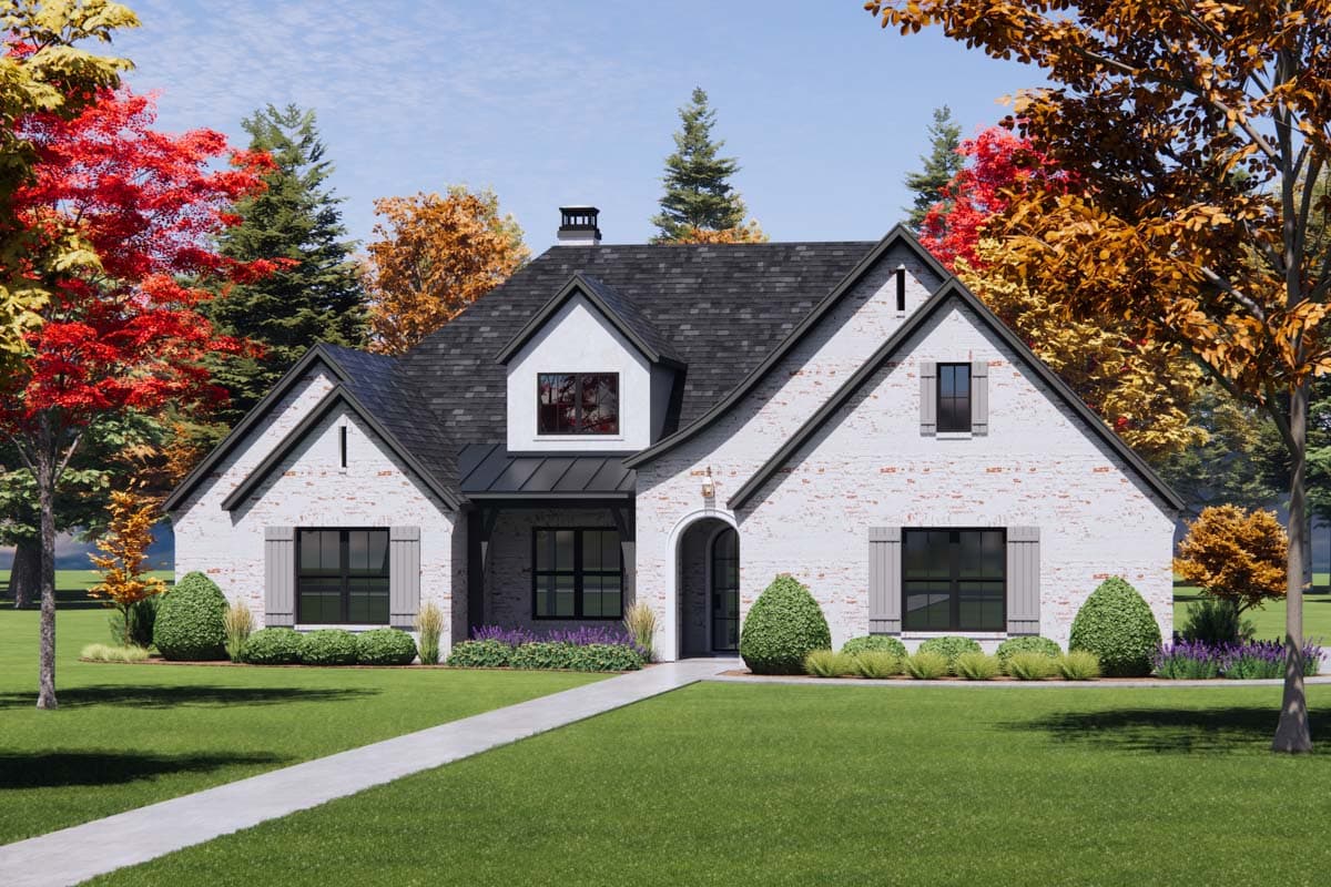 House plan exterior: Modern Farmhouse style, white brick, arched entry, prominent gables, and dark metal roof accents.
