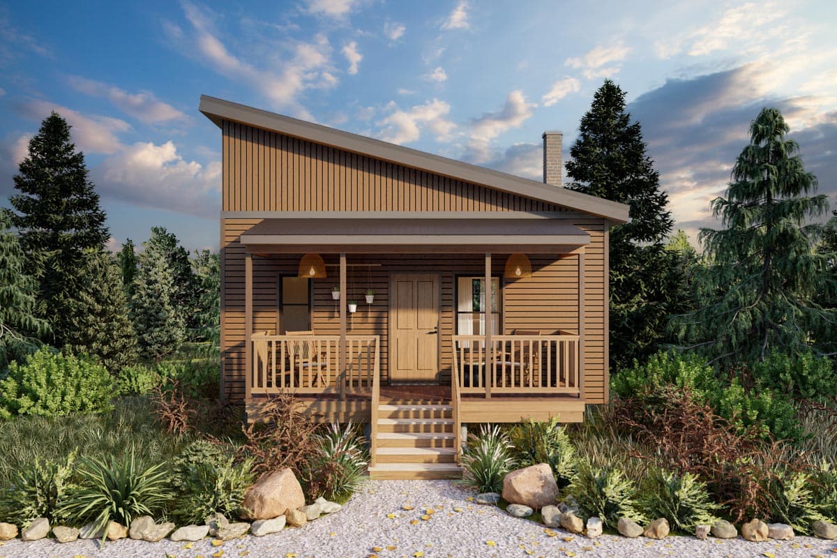 House plan exterior with modern style, one story, and a shed roof. Features include a front porch, wood siding, and a prominent chimney.