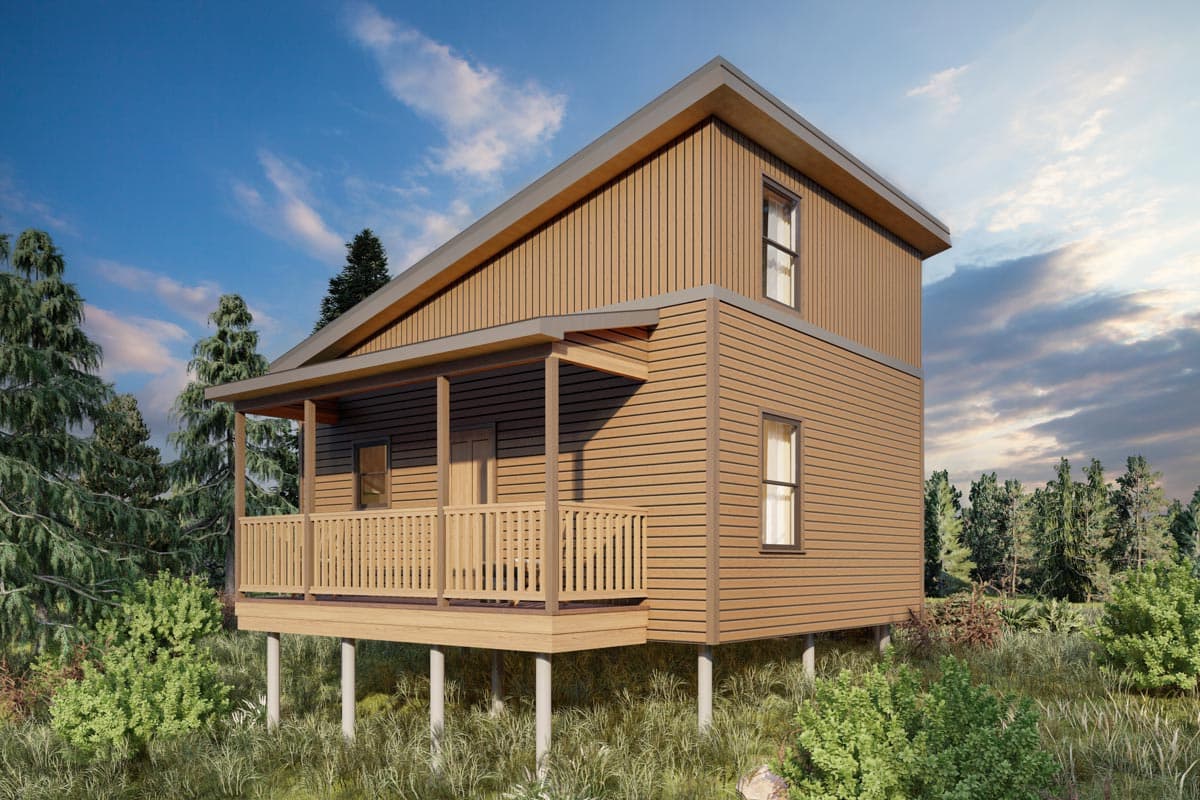 House plan exterior: Two-story modern house on stilts with a covered porch, horizontal siding, and a sloped roof.