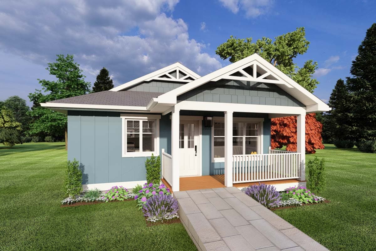 House plan exterior. One-story cottage style home with gabled roof, front porch with decorative trim, and an angled roofline.