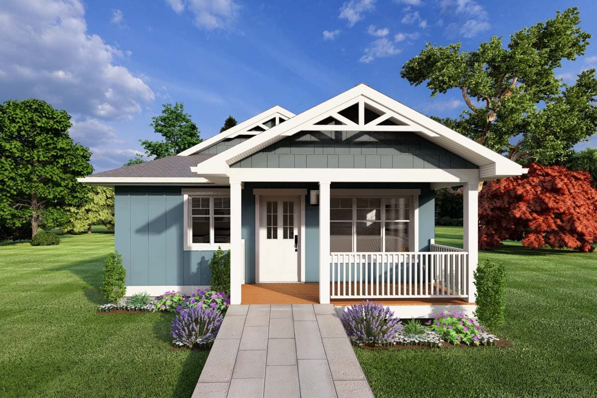 House plan exterior: One-story Modern Farmhouse with covered front porch, prominent gables, and board and batten siding.