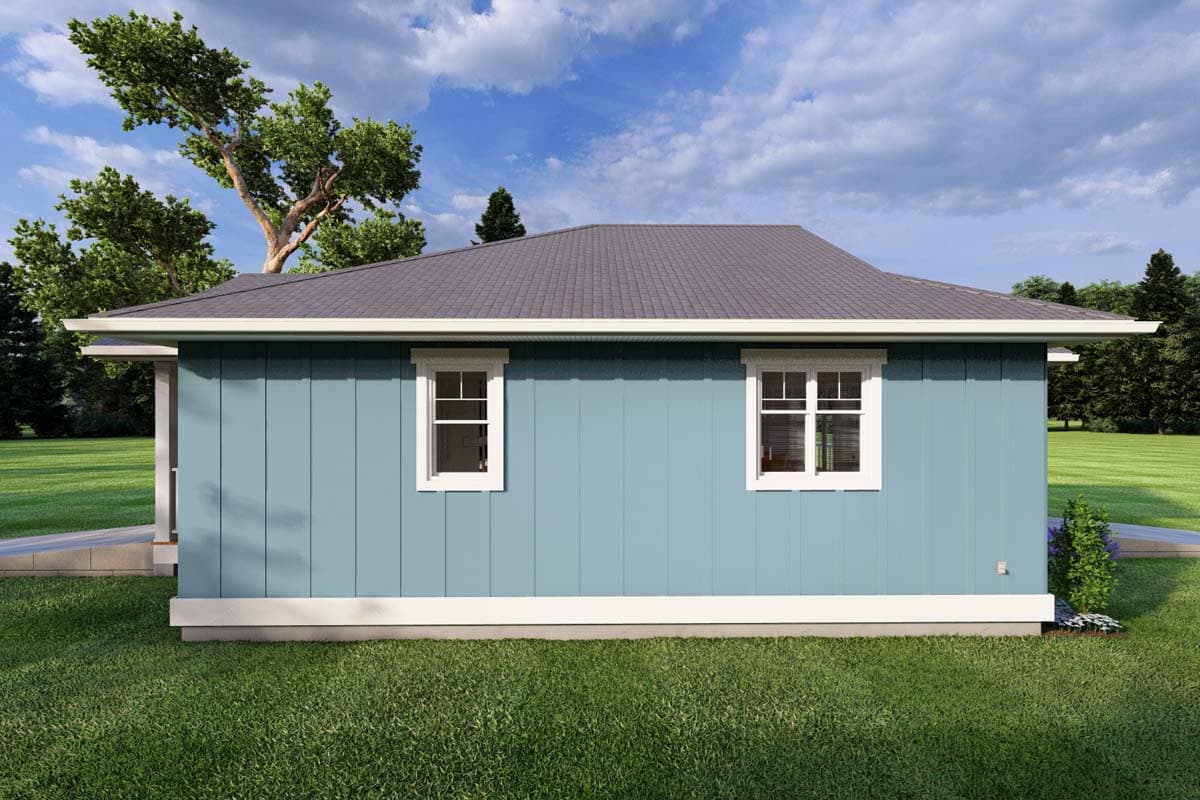 House plan exterior: One-story home with a hip roof, board-and-batten siding, and two white-trimmed windows.