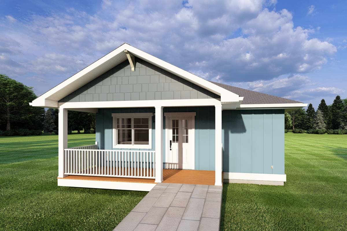 House plan exterior: one-story home with a covered front porch, gable roof, and shingle and board-and-batten siding.